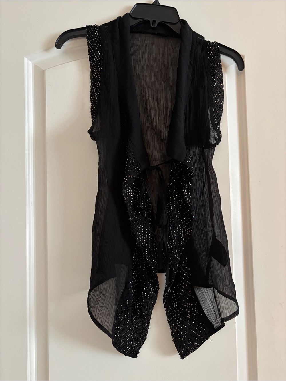 Sheer Black Beaded Sleeveless Draped Vest
